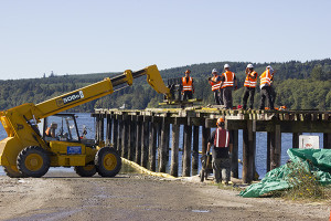 Demolition crews start to take down the Point Julia pier this fall, as part of the tribe's cleanup efforts of Point Julia and Port Gamble Bay.